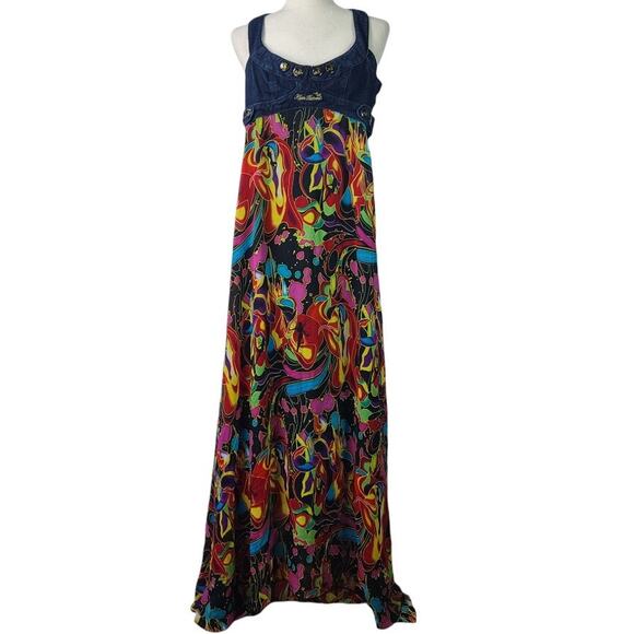 Apple Bottoms Multi Color Maxi Dress Denim Top Fairy Abstract Print Small 2 - Picture 1 of 5